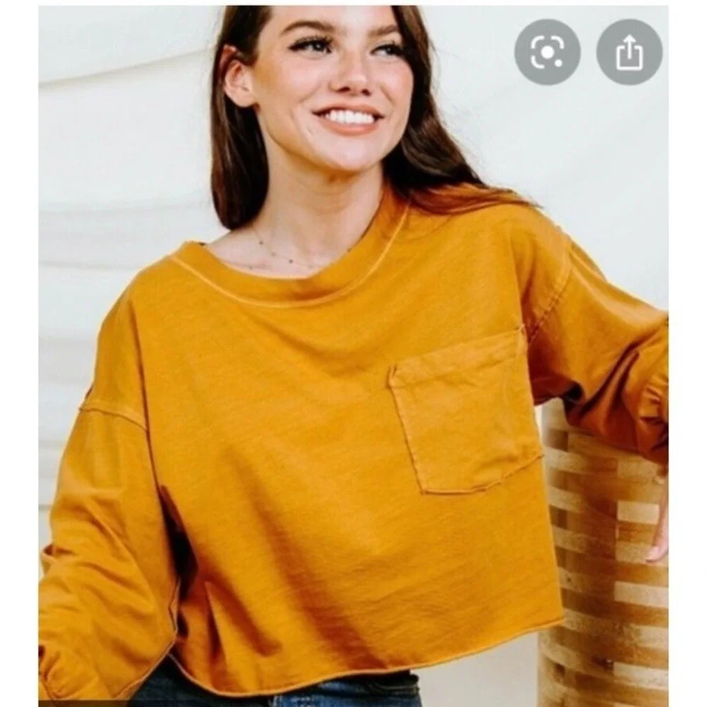 Free People NWOT Austin  Oversized Copper Cropped Long Sleeve Shirt With Pocket